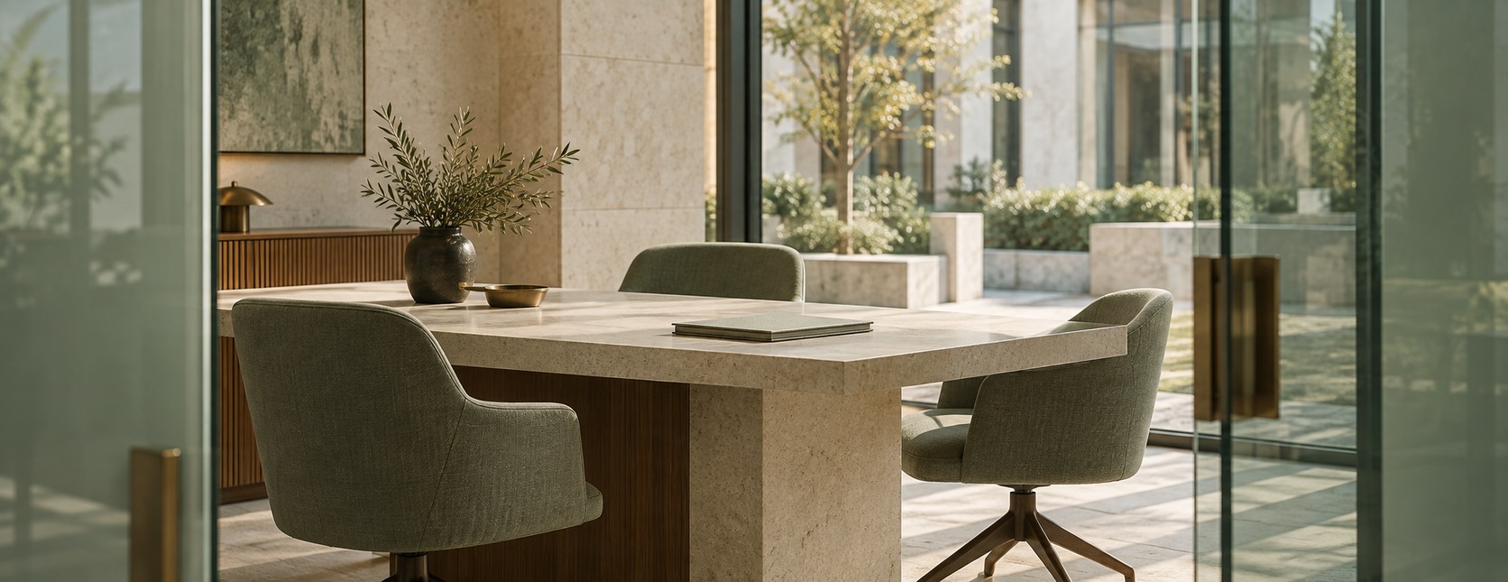 Light stone consultation table behind an open green glass partition.