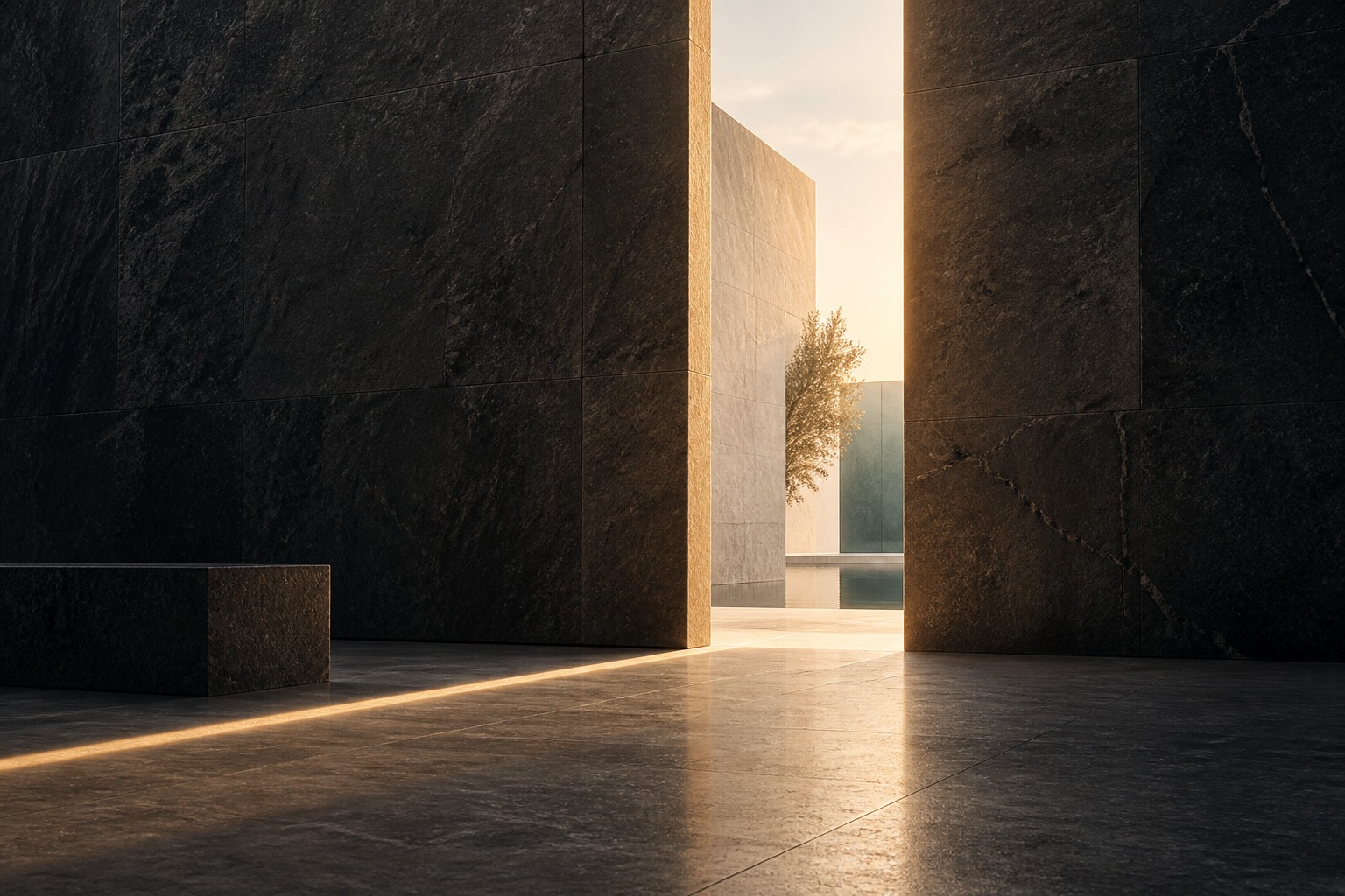 Light passes through an opening between dark stone walls.
