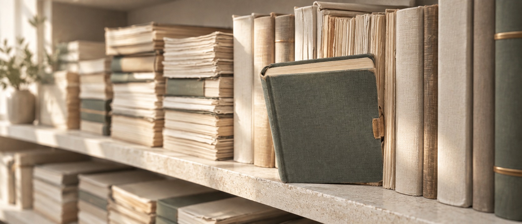Light-colored archive volumes on a stone shelf with a prominent sage-green ledger.