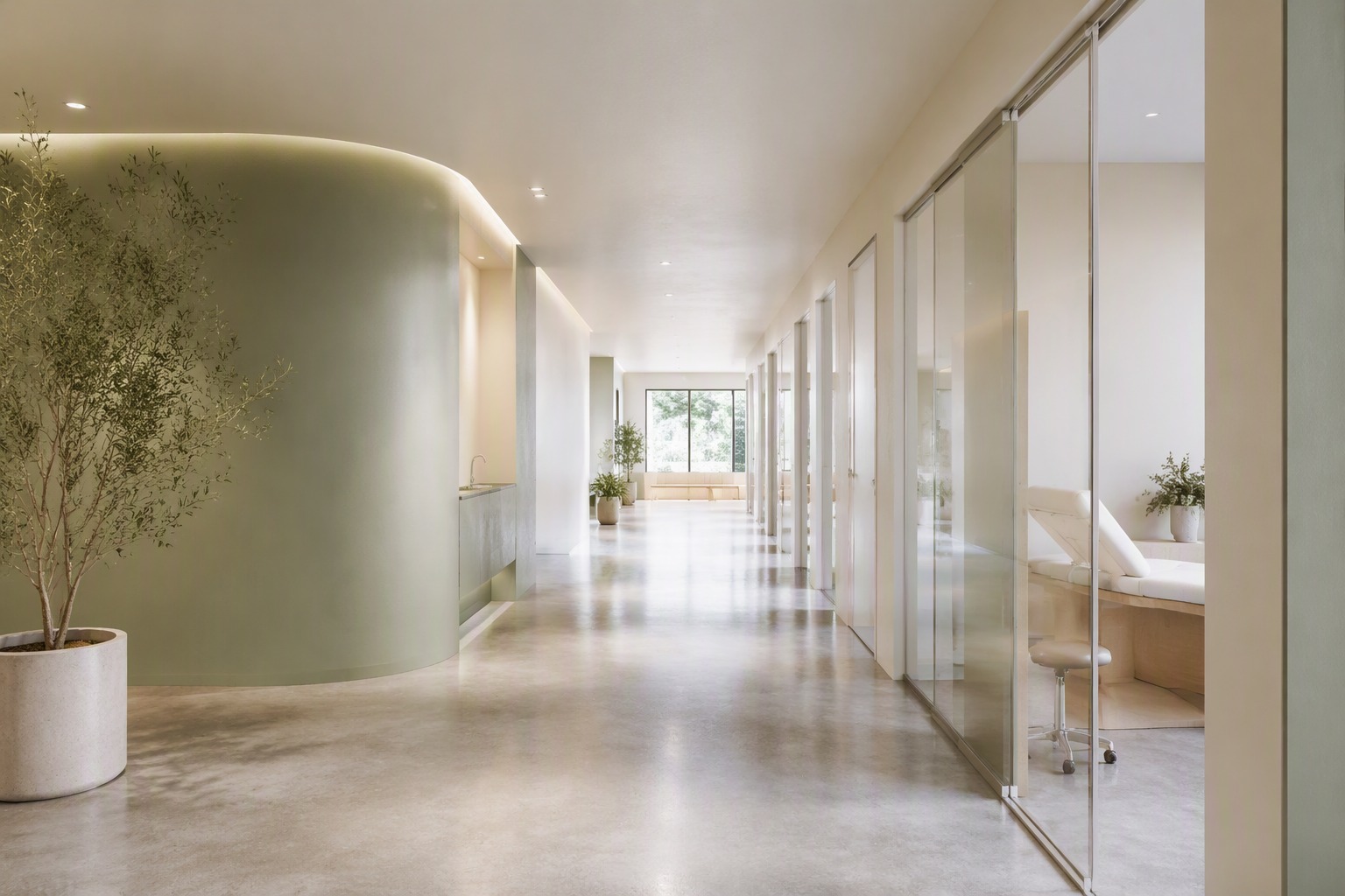 Bright medical practice corridor with sage-green walls and glass-fronted treatment rooms.