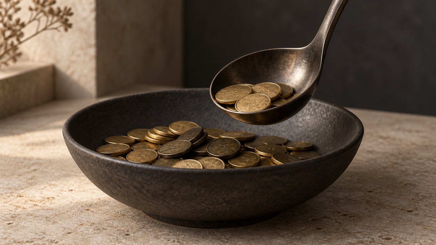 A metal ladle lifts a few coins from a dark bowl, symbolizing the confiscation of assets.