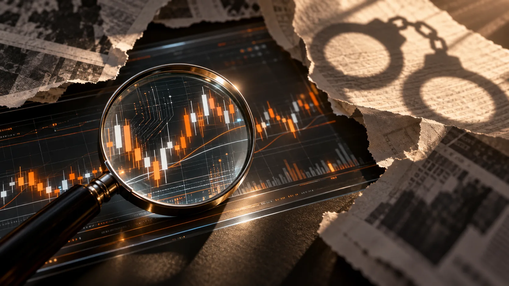 A magnifying glass over a trading chart, torn newspaper pages, and a handcuff-shaped shadow, symbolizing scrutiny of cybertrading allegations.