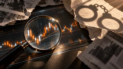 A magnifying glass over a trading chart, torn newspaper pages, and a handcuff-shaped shadow, symbolizing scrutiny of cybertrading allegations.