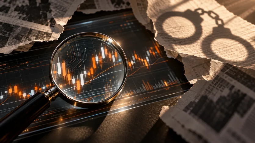 A magnifying glass over a trading chart, torn newspaper pages, and a handcuff-shaped shadow, symbolizing scrutiny of cybertrading allegations.