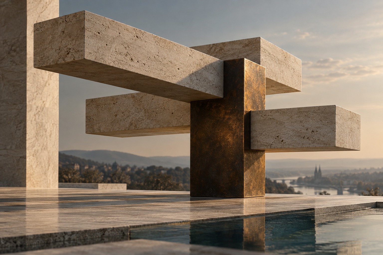 Interlocking stone beams rest on a bronze support.