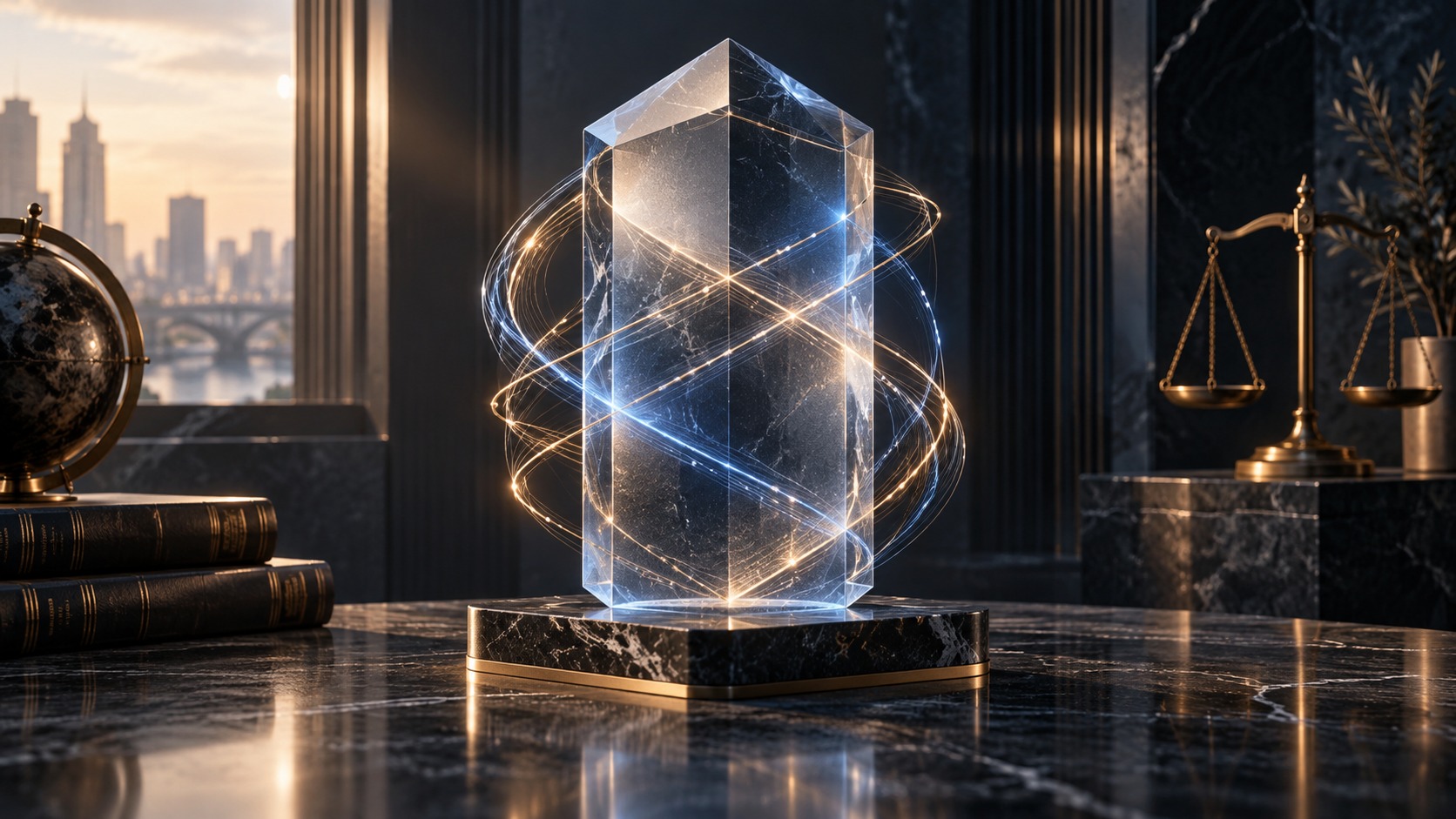 Glass prism with gold and blue light trails on a marble base, beside books and scales.