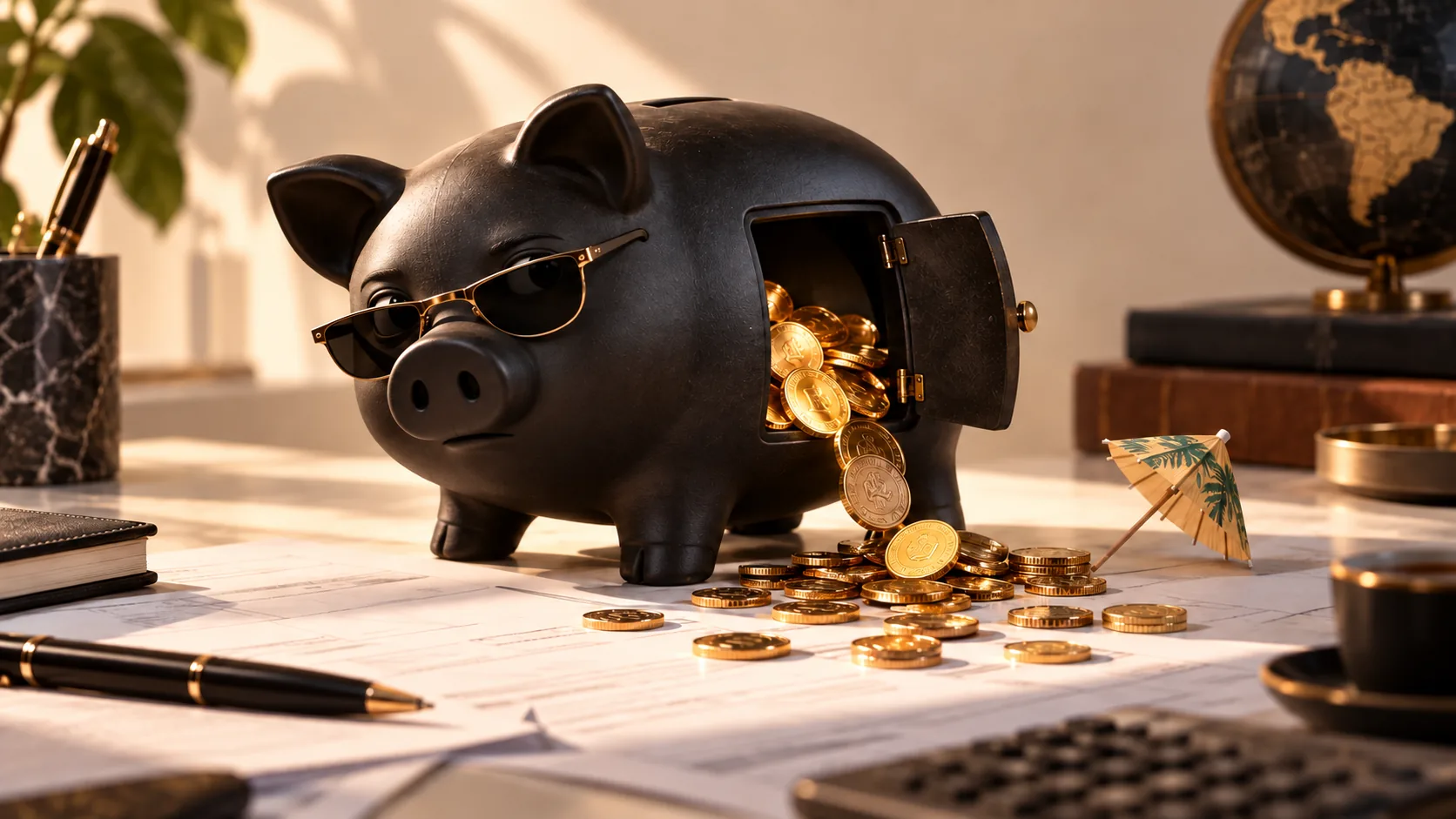 Black piggy bank wearing sunglasses, with an open safe compartment and gold coins on tax documents, symbolizing voluntary tax disclosure in Germany.