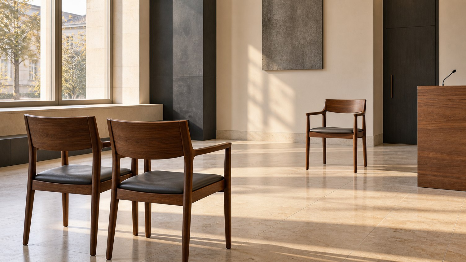 Two adjacent chairs face a single witness chair, symbolizing the role of family members as witnesses.