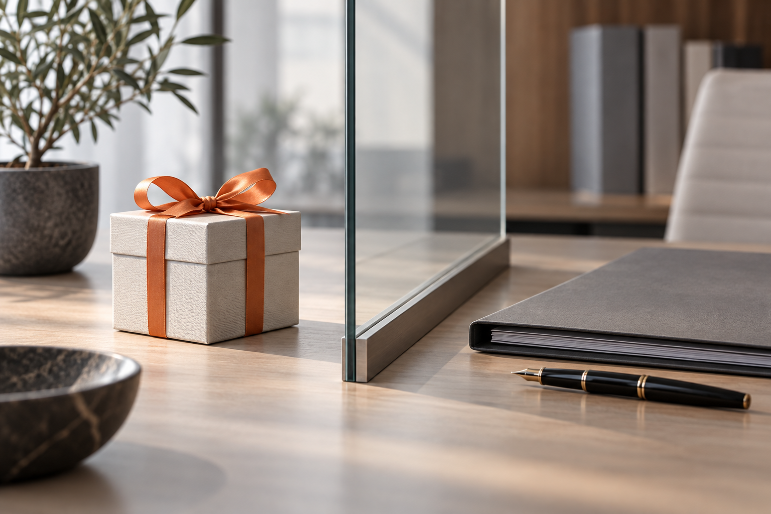 A gift box beside a business file, separated by a glass screen. AI-generated illustration.