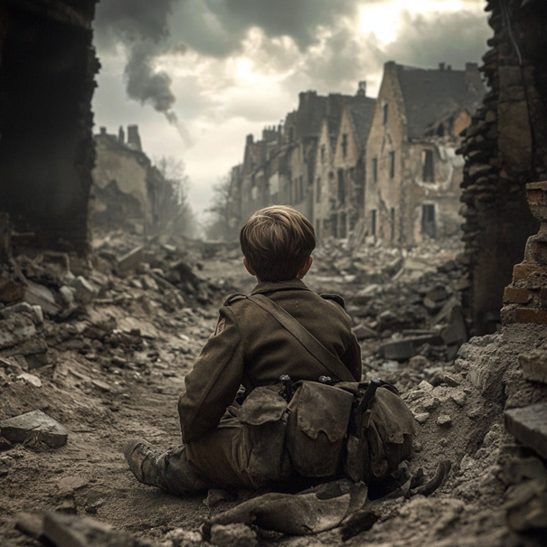AI-generated illustration: a child in a destroyed city.
