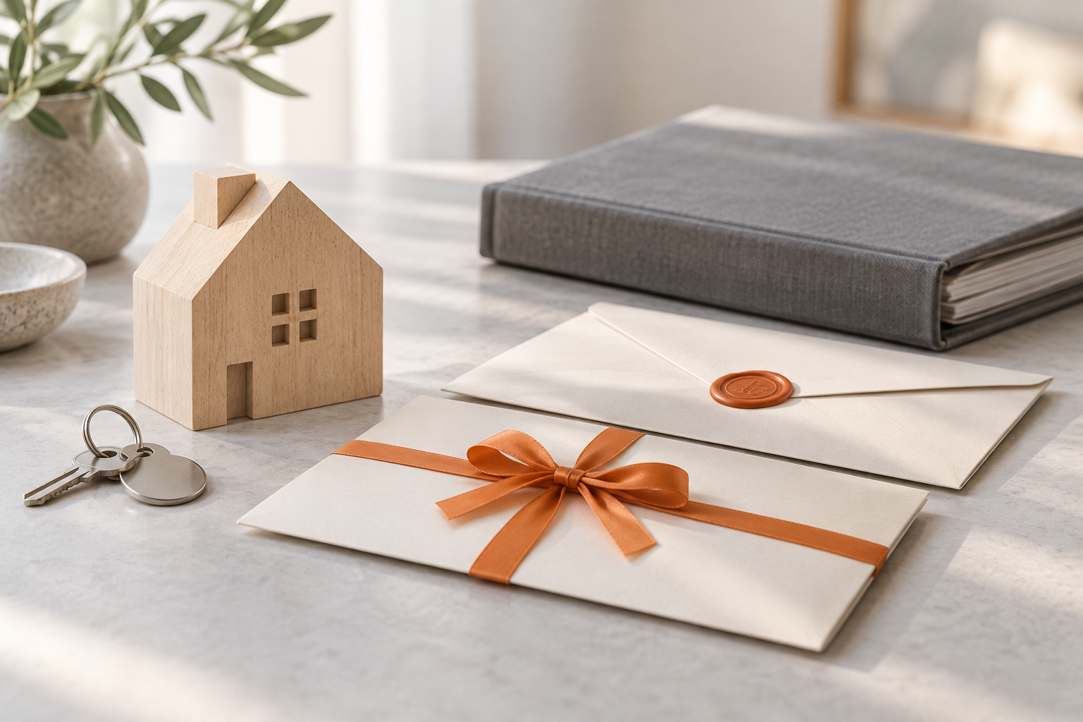 A model house, keys and document envelopes symbolising inheritance and gifts. AI-generated illustration.