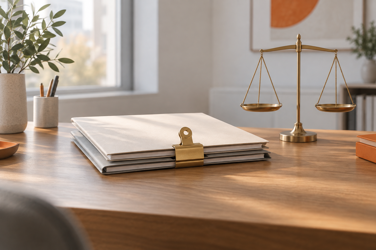 Two linked case files and scales symbolising civil claims within criminal proceedings. AI-generated illustration.
