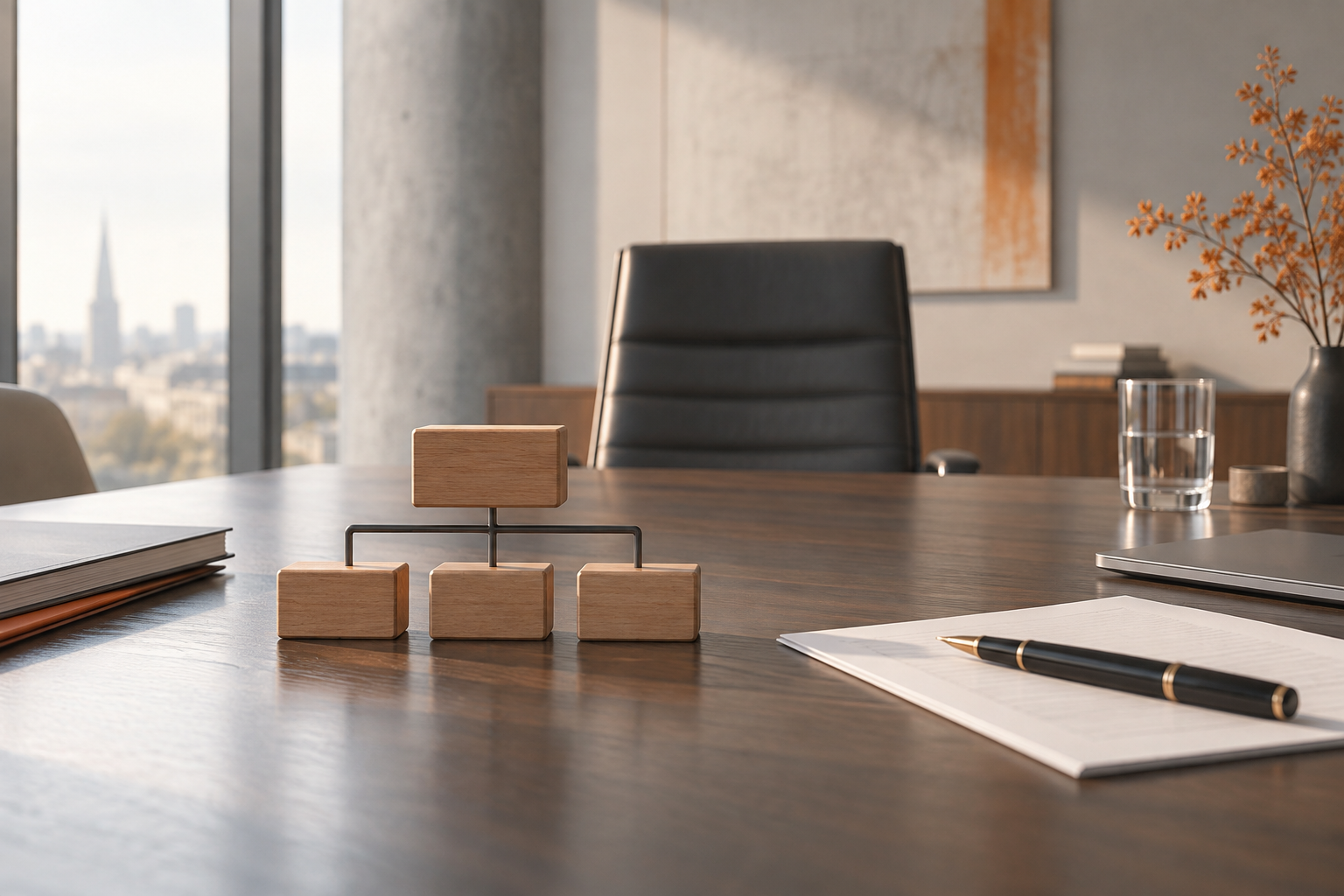 A vacant executive chair and a wooden organisation chart on a meeting table. AI-generated illustration.
