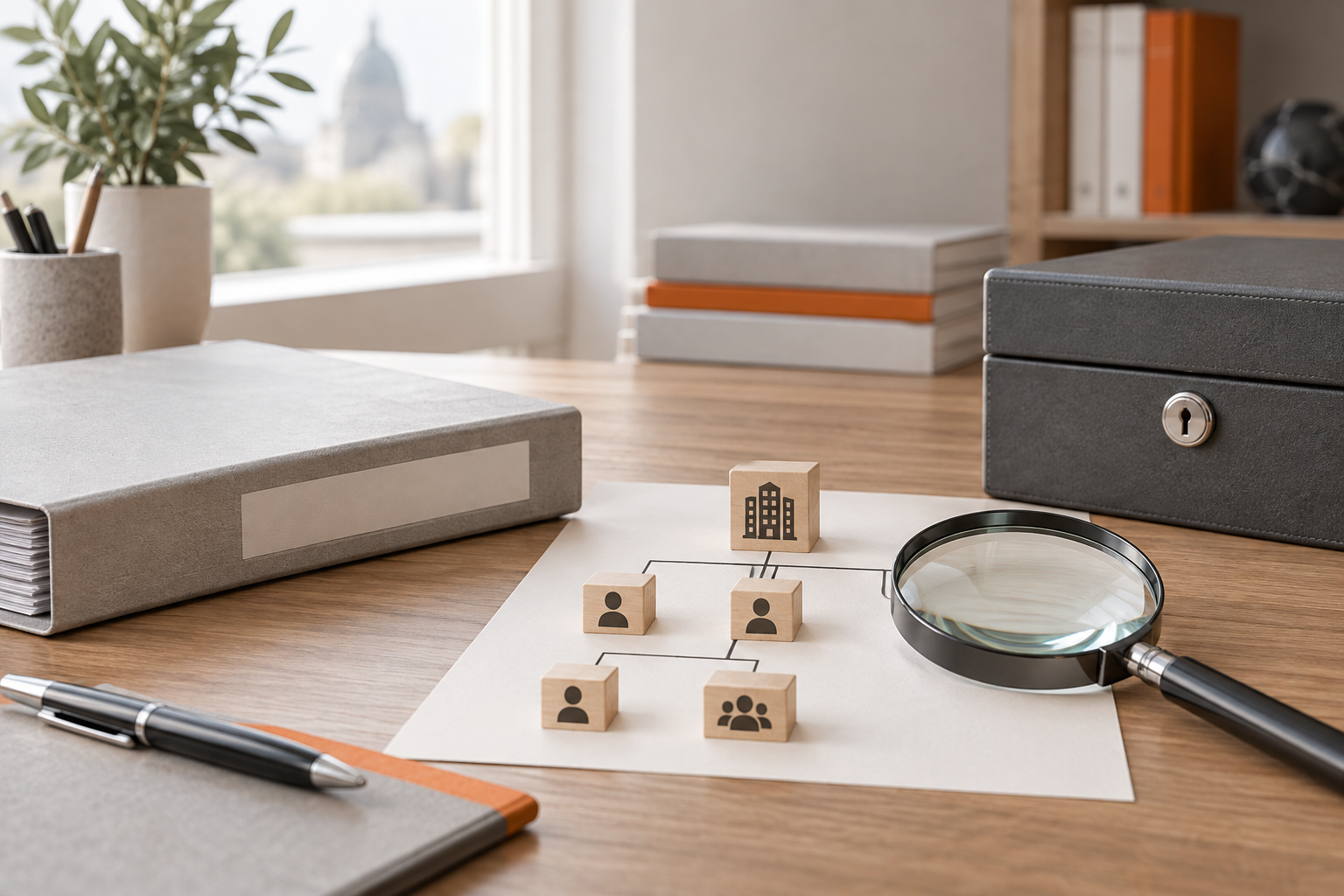 A client file, magnifying glass and wooden organisation chart symbolising anti-money-laundering compliance. AI-generated illustration.