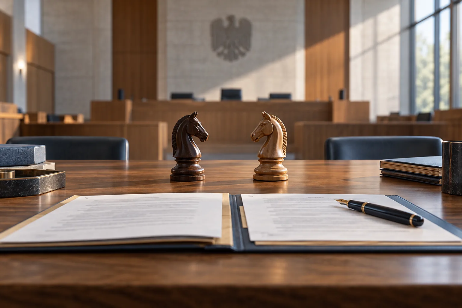 Two chess knights and an open case file in front of a courtroom, symbolizing criminal defense strategy in Germany.